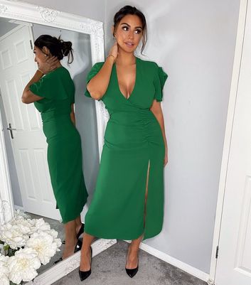AX Paris Green Ruched Midi Wrap Dress | New Look
